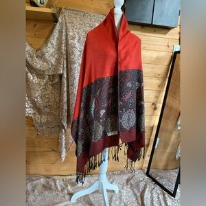 Pashmina Silk Scarf Vintage 80s Double Sided Burgundy Black Paisley Shawl Fringe